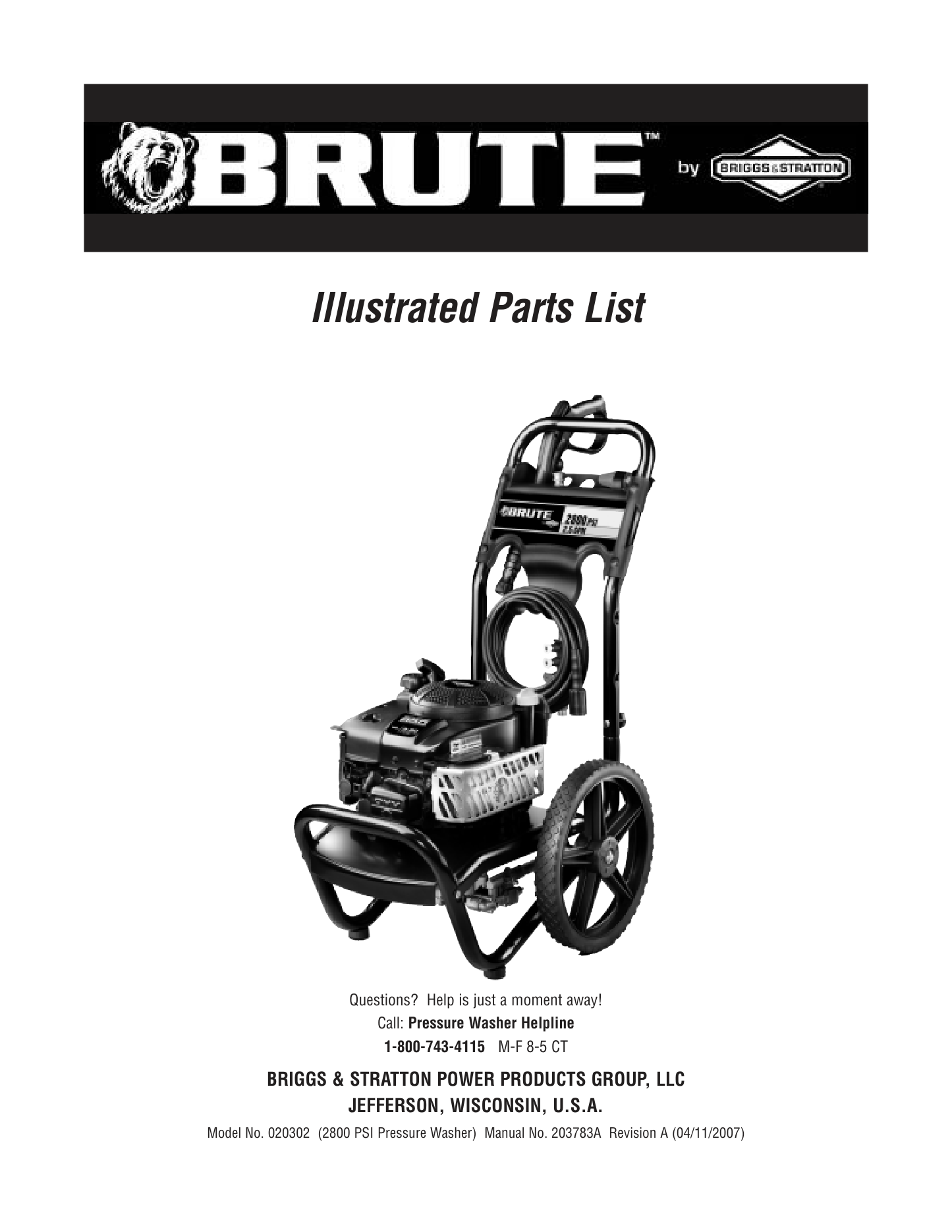 Brute 020302 Pressure Washer Parts Diagram & Breakdown (Exploded View PDF) parts breakdown