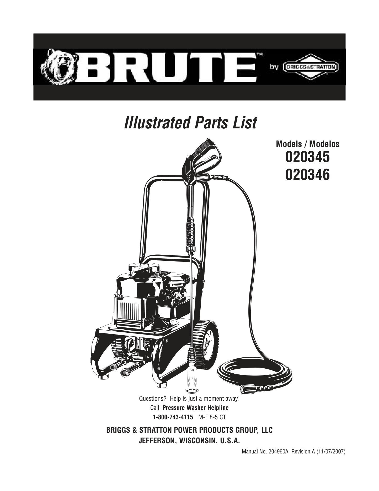 Brute 020345 Pressure Washer Parts Diagram & Breakdown (Exploded View PDF) . parts breakdown