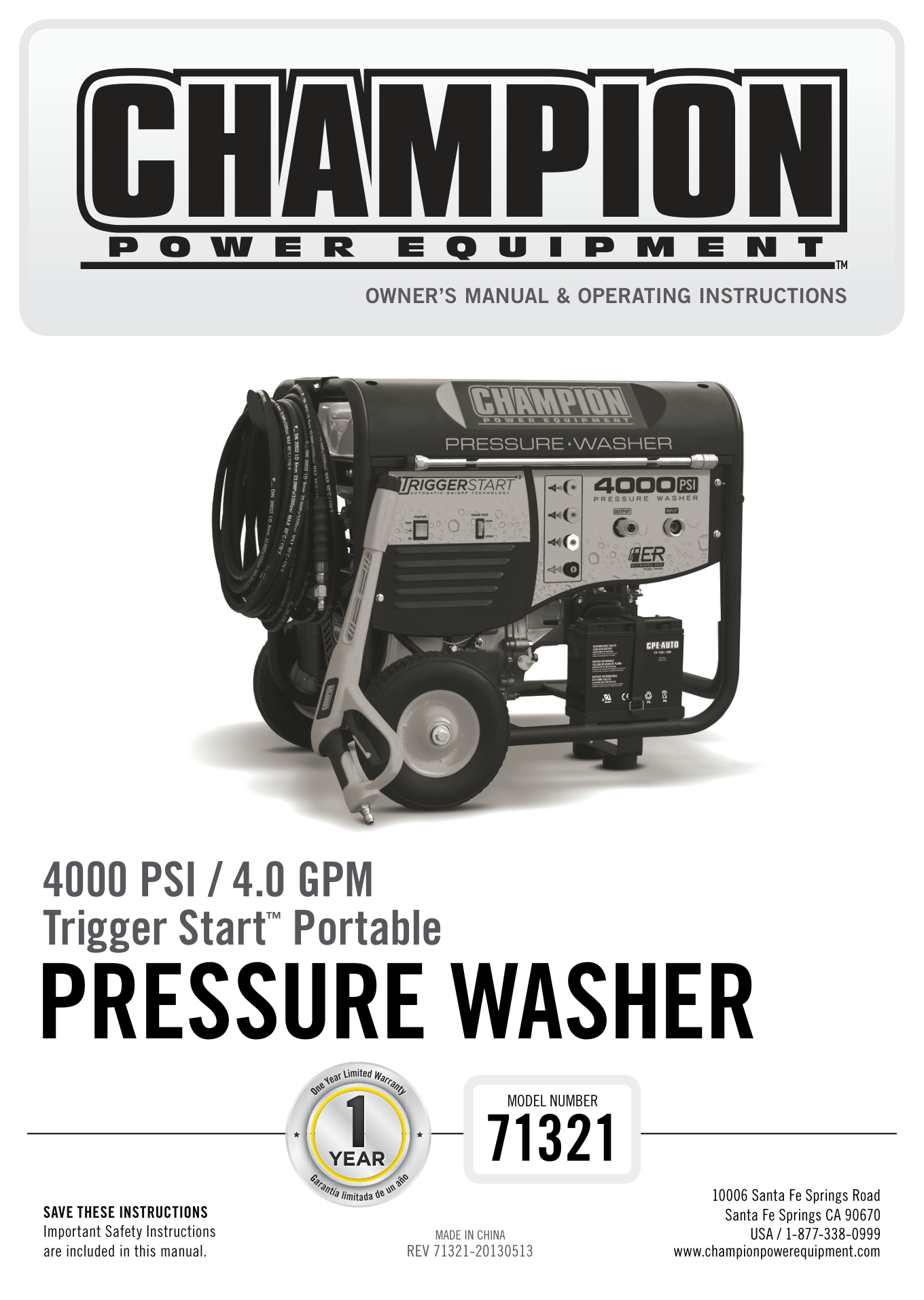 Champion 71321 Pressure Washer Parts Diagram & Breakdown (Exploded View PDF) parts breakdown