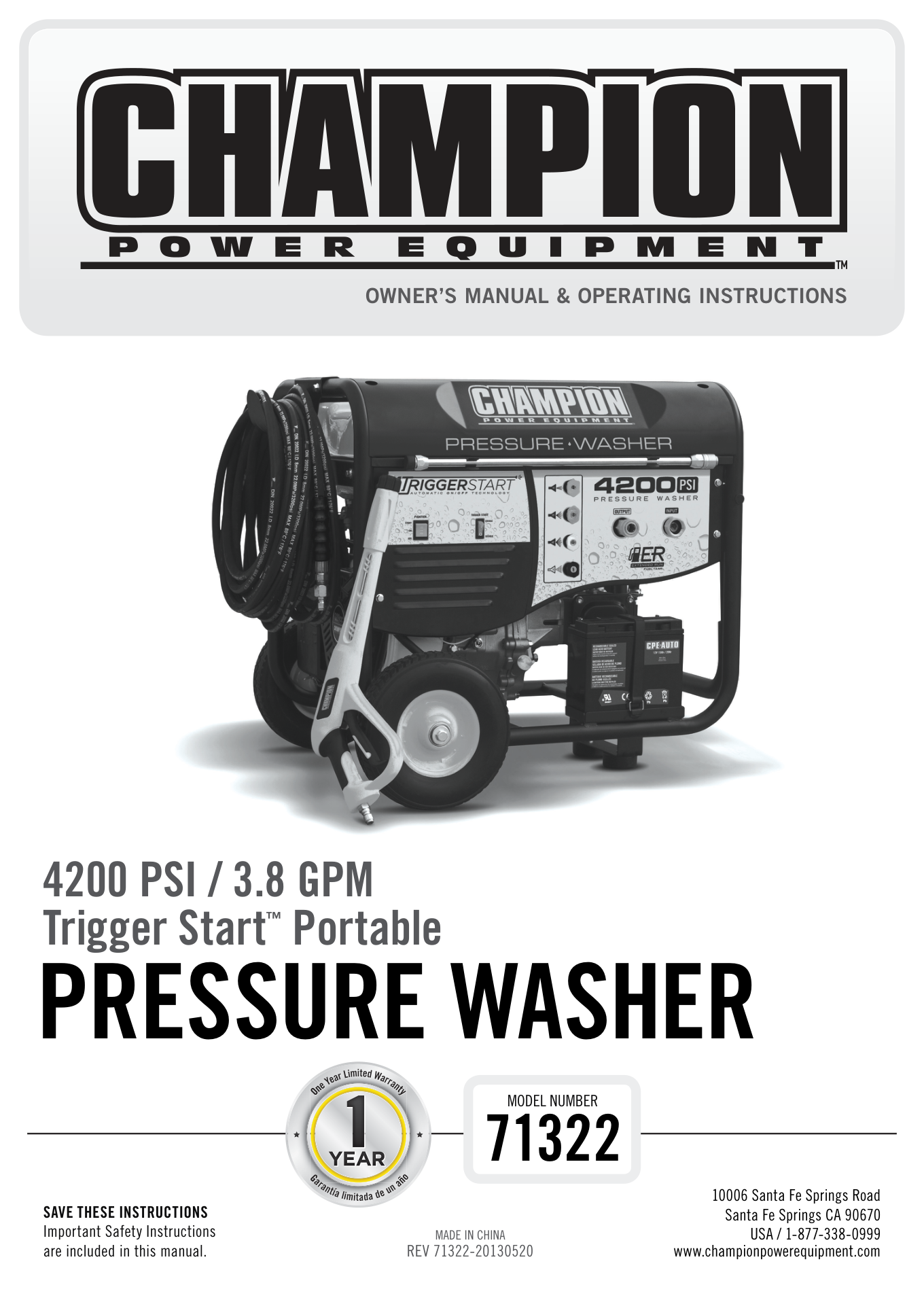 Champion 71322 Pressure Washer Parts Diagram & Breakdown (Exploded View PDF) parts breakdown