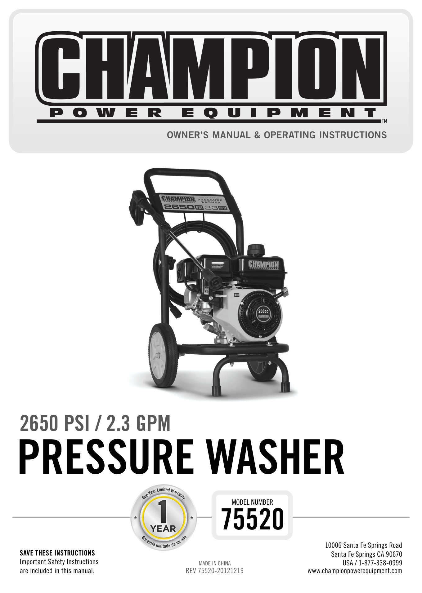 Champion 75520 Pressure Washer Parts Diagram & Breakdown (Exploded View PDF) parts breakdown