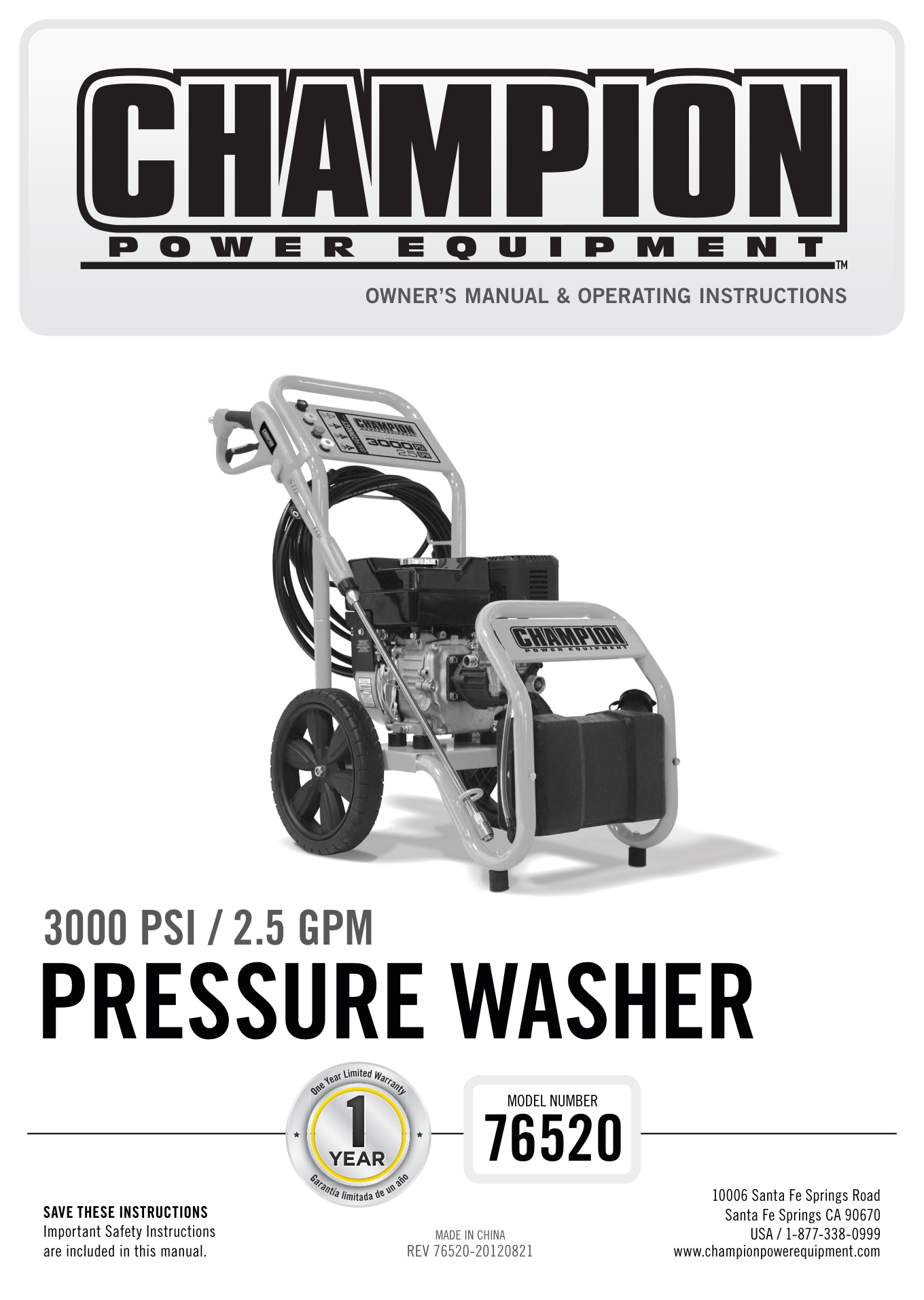 Champion 76520 Pressure Washer Parts Diagram & Breakdown (Exploded View PDF) parts breakdown