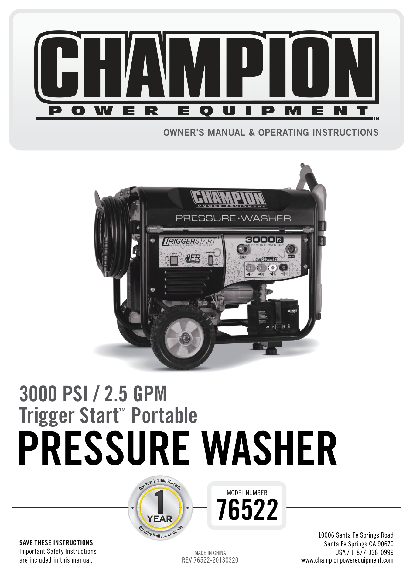 Champion 76522 Pressure Washer Parts Diagram & Breakdown (Exploded View PDF) parts breakdown