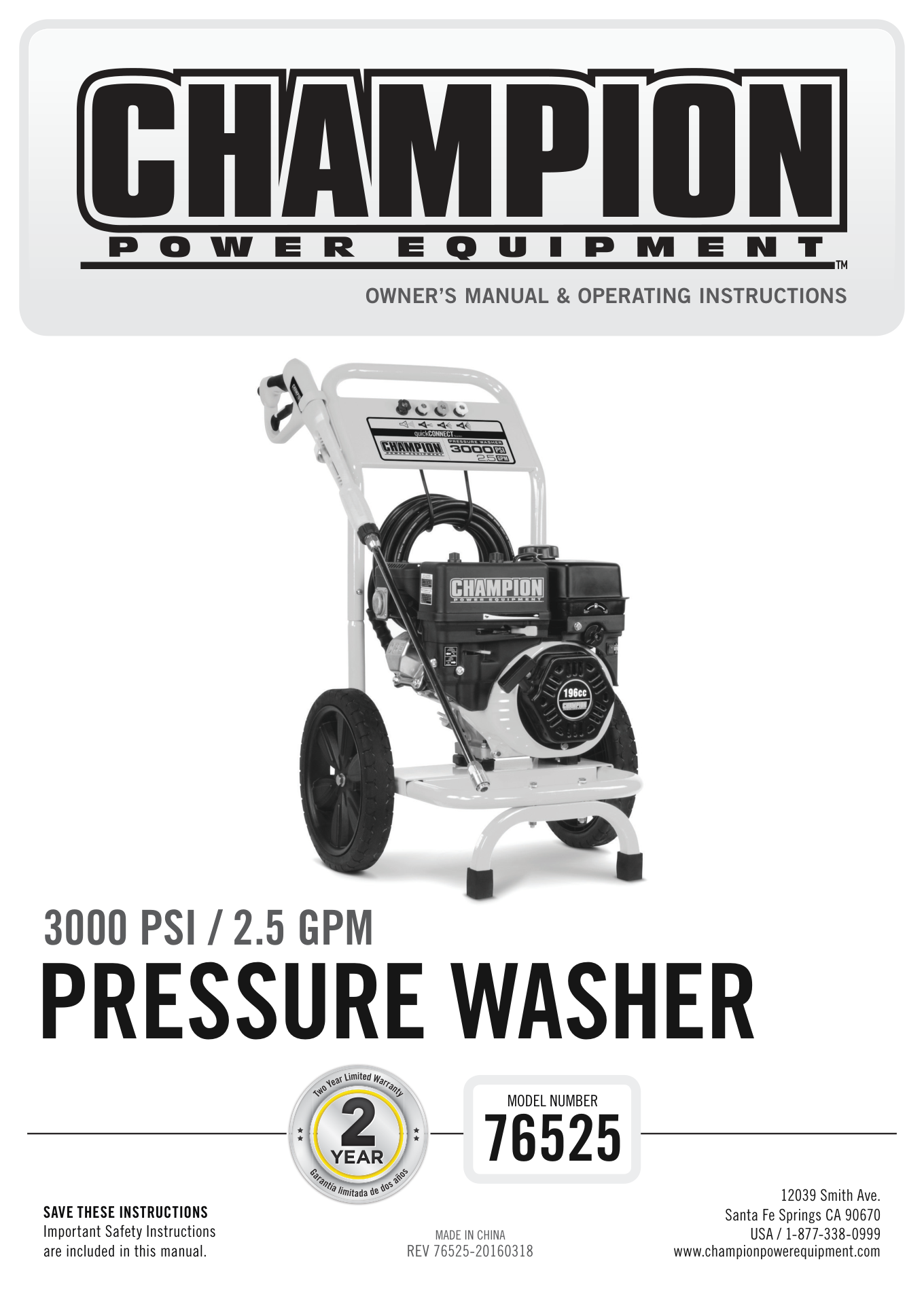 Champion 76525 Pressure Washer Parts Diagram & Breakdown (Exploded View PDF) parts breakdown