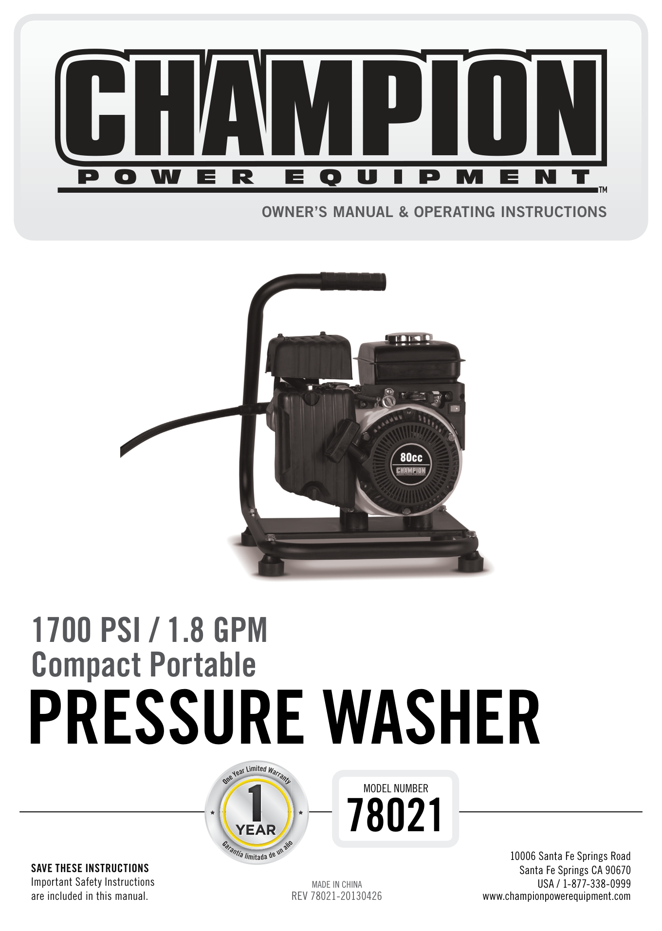 Champion 78021 Pressure Washer Parts Diagram & Breakdown (Exploded View PDF) parts breakdown