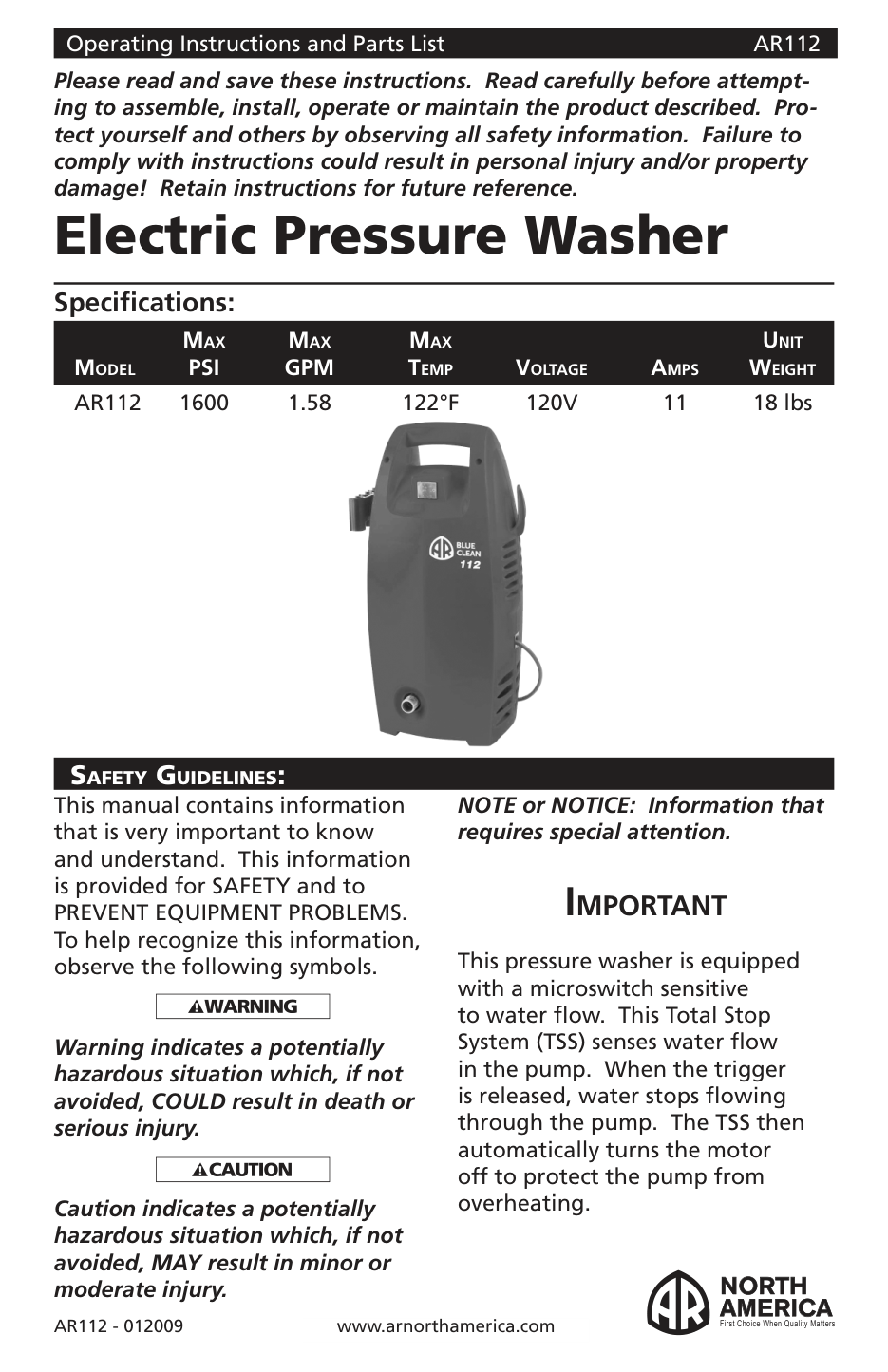 AR Blue Clean AR112 Pressure Washer Parts Diagram & Breakdown (Exploded View PDF) parts breakdown