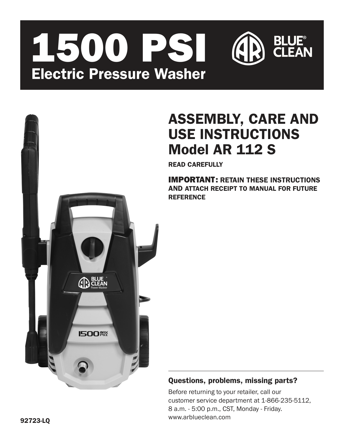 AR Blue Clean AR112S Pressure Washer Parts Diagram & Breakdown (Exploded View PDF) parts breakdown