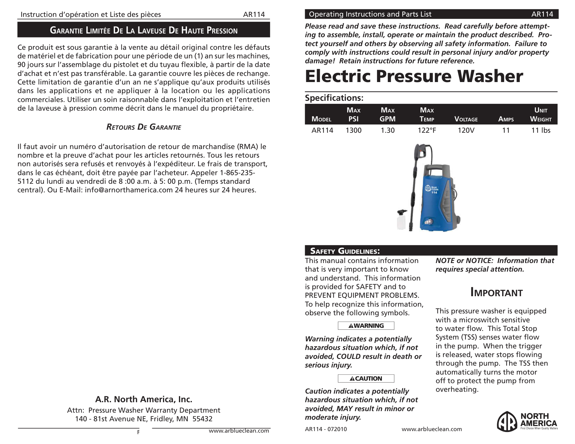 AR Blue Clean AR114 Pressure Washer Parts Diagram & Breakdown (Exploded View PDF) parts breakdown