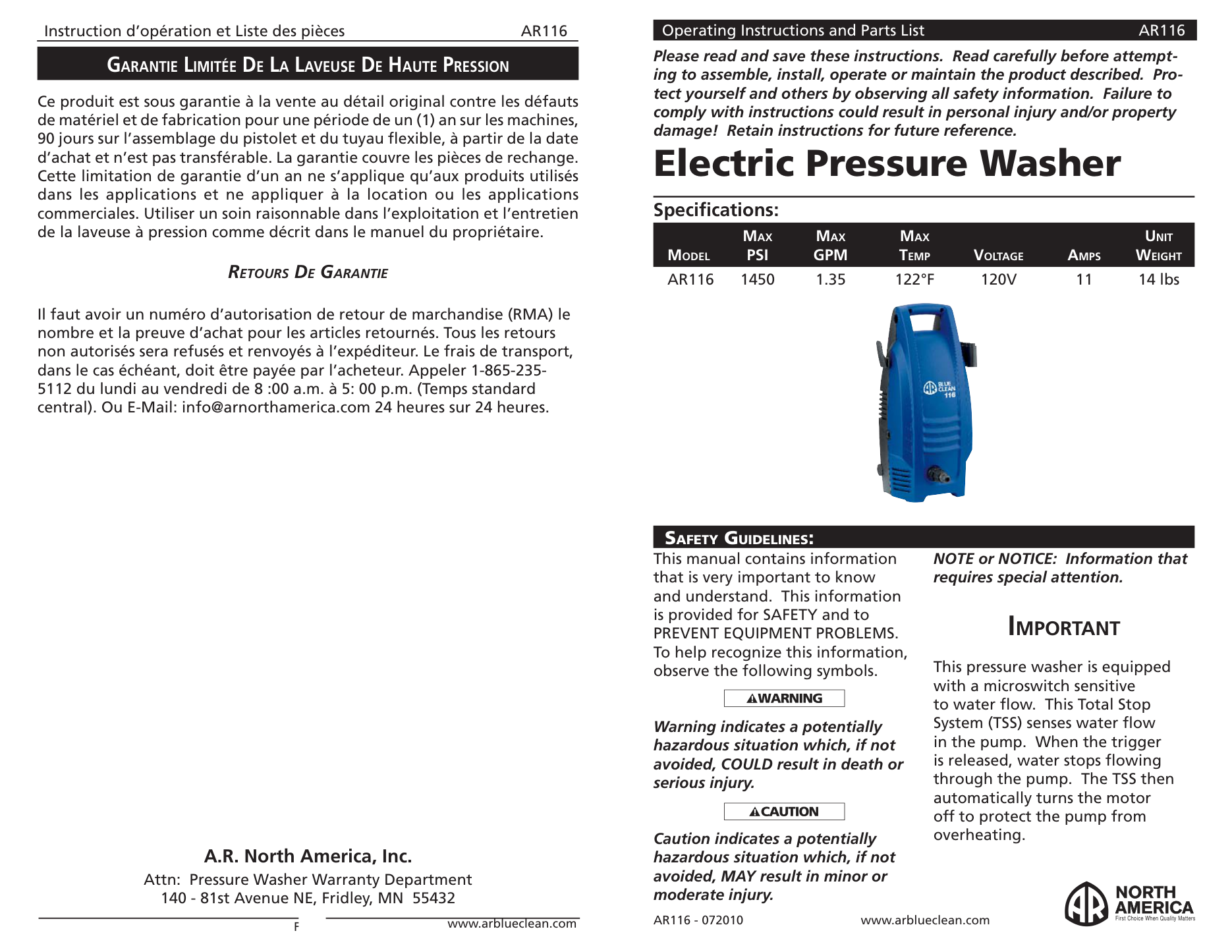 AR Blue Clean AR116 Pressure Washer Parts Diagram & Breakdown (Exploded View PDF) parts breakdown