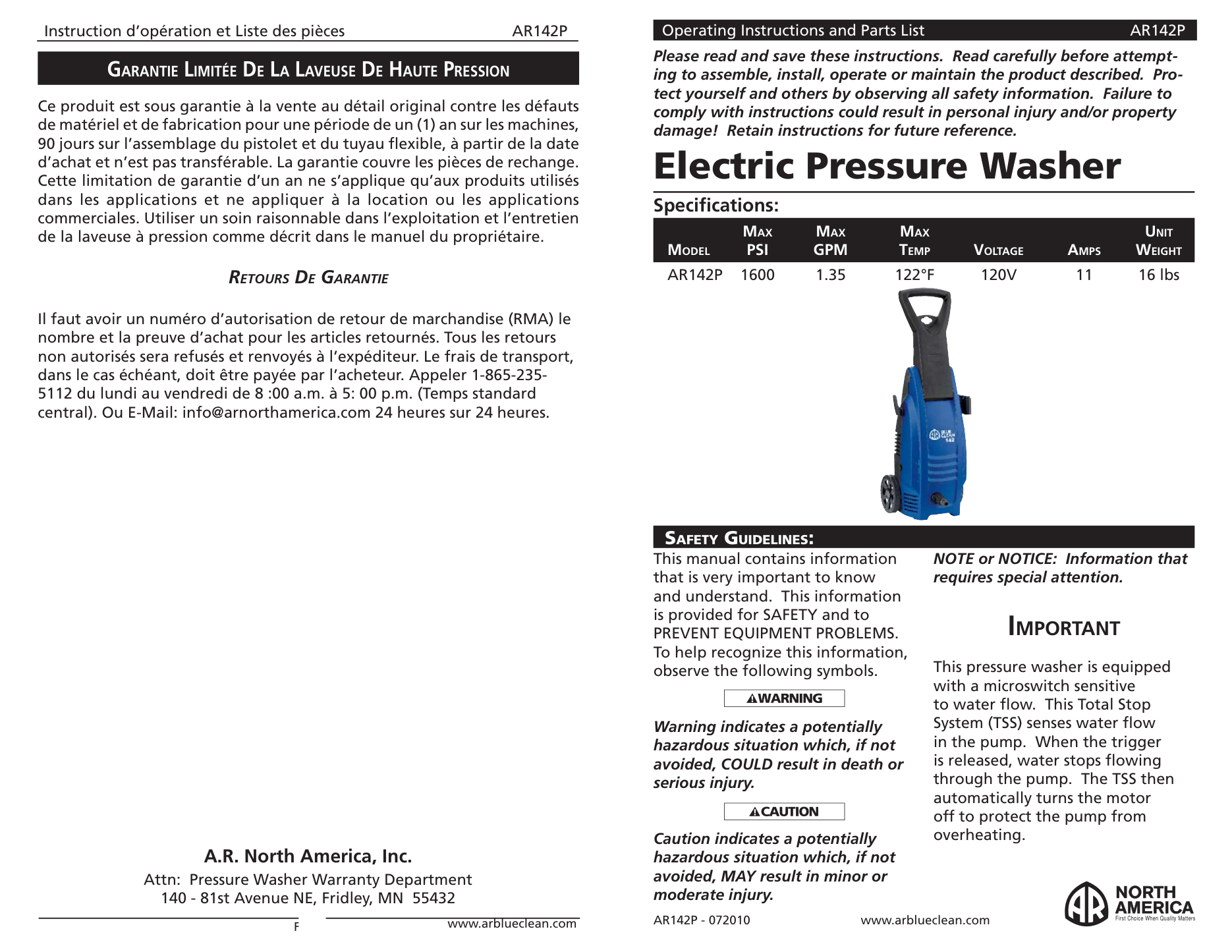 AR Blue Clean AR142P Pressure Washer Parts Diagram & Breakdown (Exploded View PDF) parts breakdown