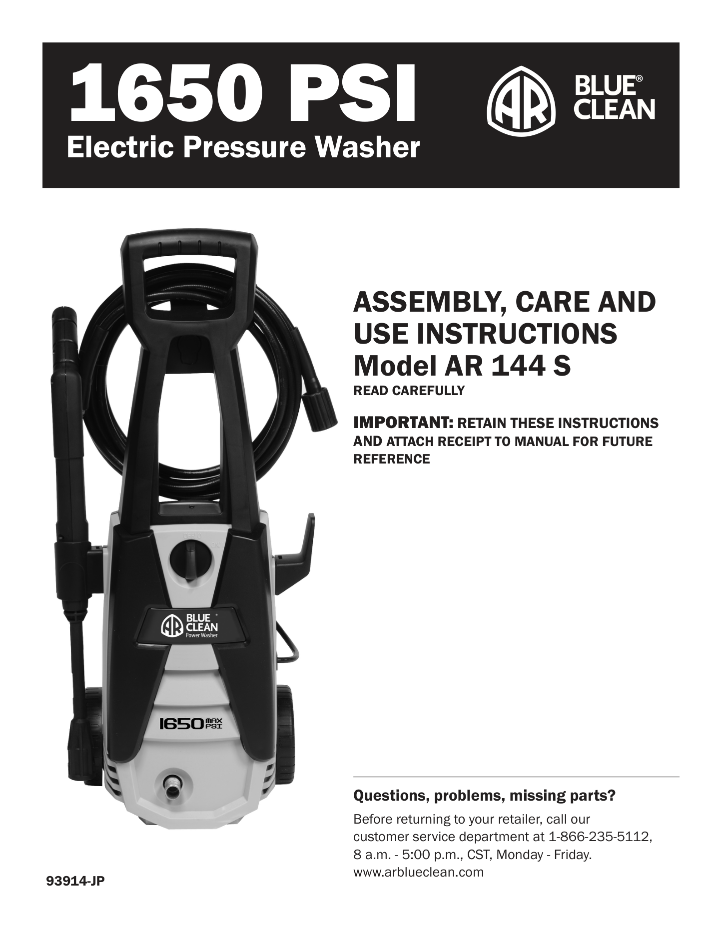 AR Blue Clean AR144S Pressure Washer Parts Diagram & Breakdown (Exploded View PDF) parts breakdown