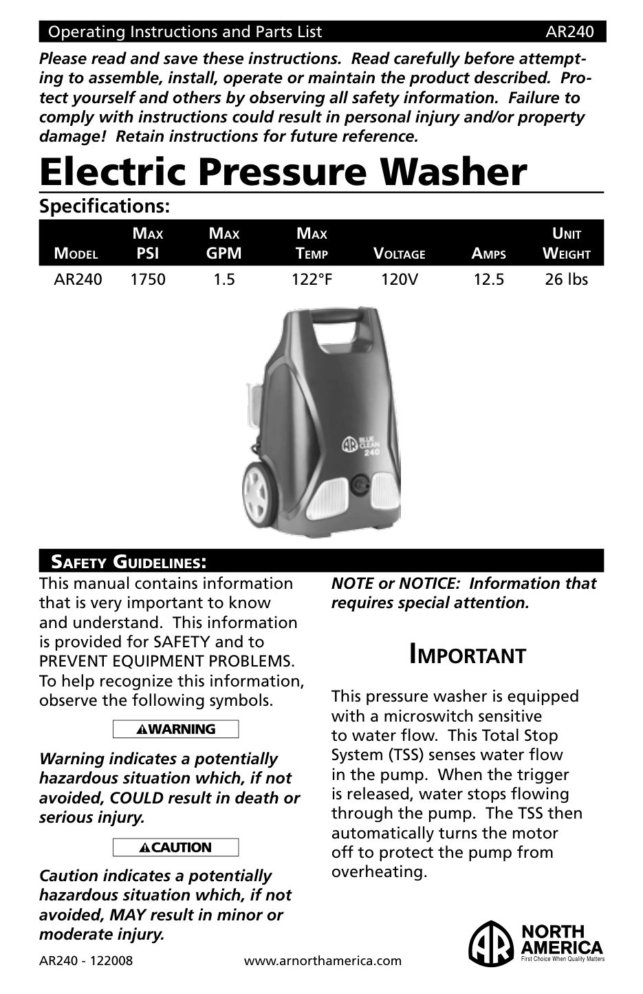 AR Blue Clean AR240 Pressure Washer Parts Diagram & Breakdown (Exploded View PDF) parts breakdown