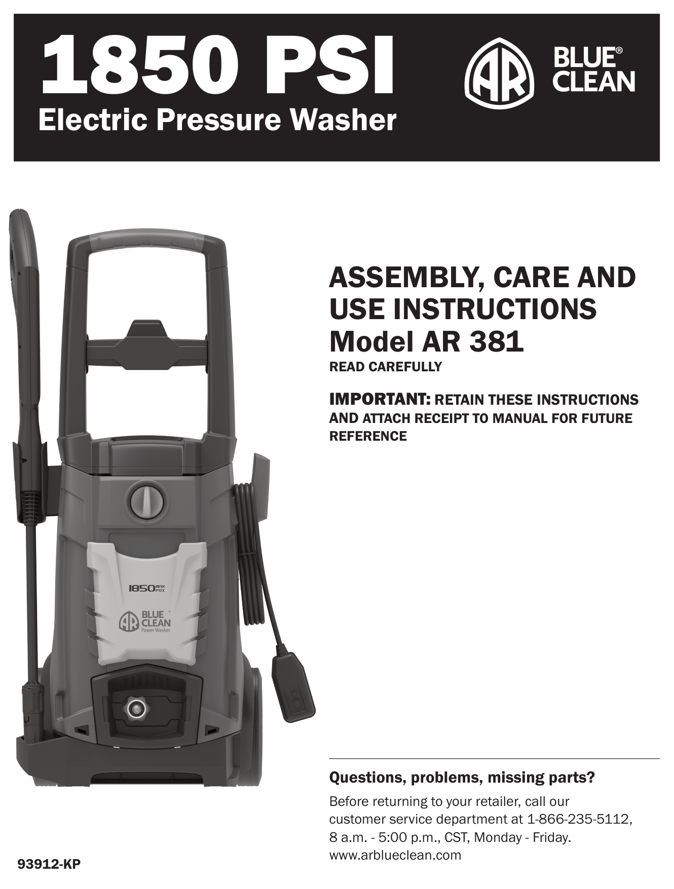 AR Blue Clean AR381 Pressure Washer Parts Diagram & Breakdown (Exploded View PDF) parts breakdown