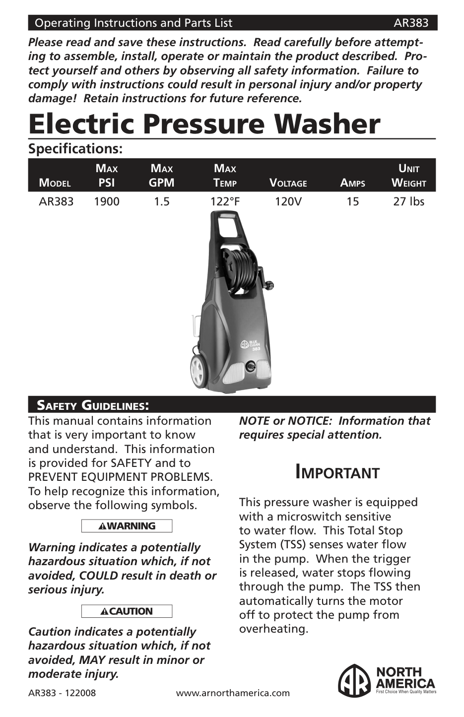 AR Blue Clean AR383 Pressure Washer Parts Diagram & Breakdown (Exploded View PDF) parts breakdown