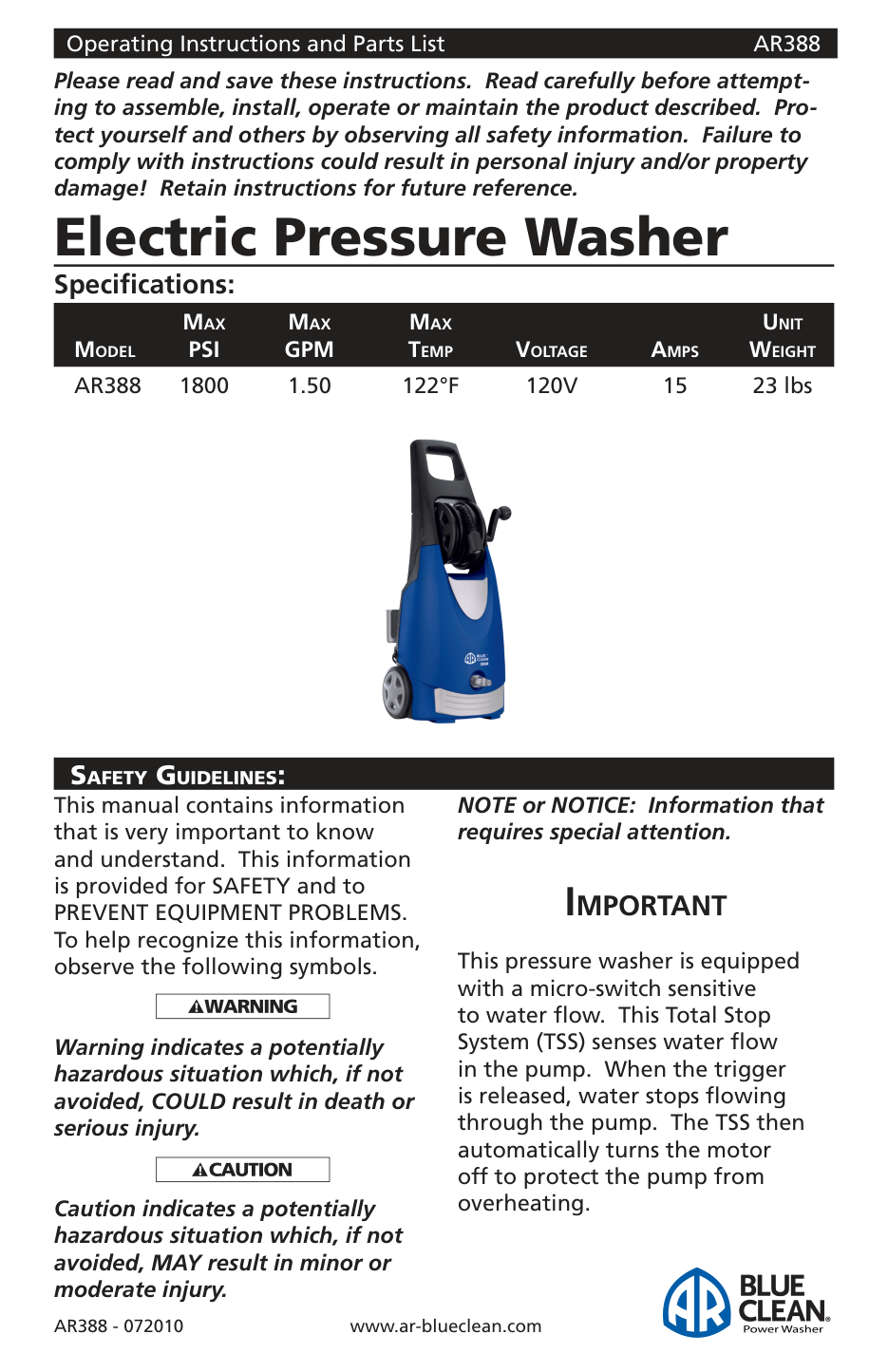 AR Blue Clean AR388 Pressure Washer Parts Diagram & Breakdown (Exploded View PDF) parts breakdown