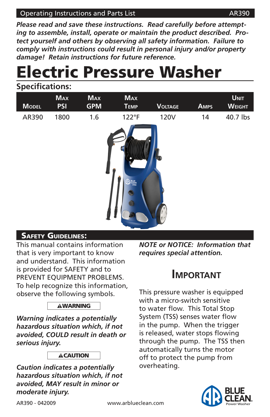 AR Blue Clean AR390 Pressure Washer Parts Diagram & Breakdown (Exploded View PDF) parts breakdown