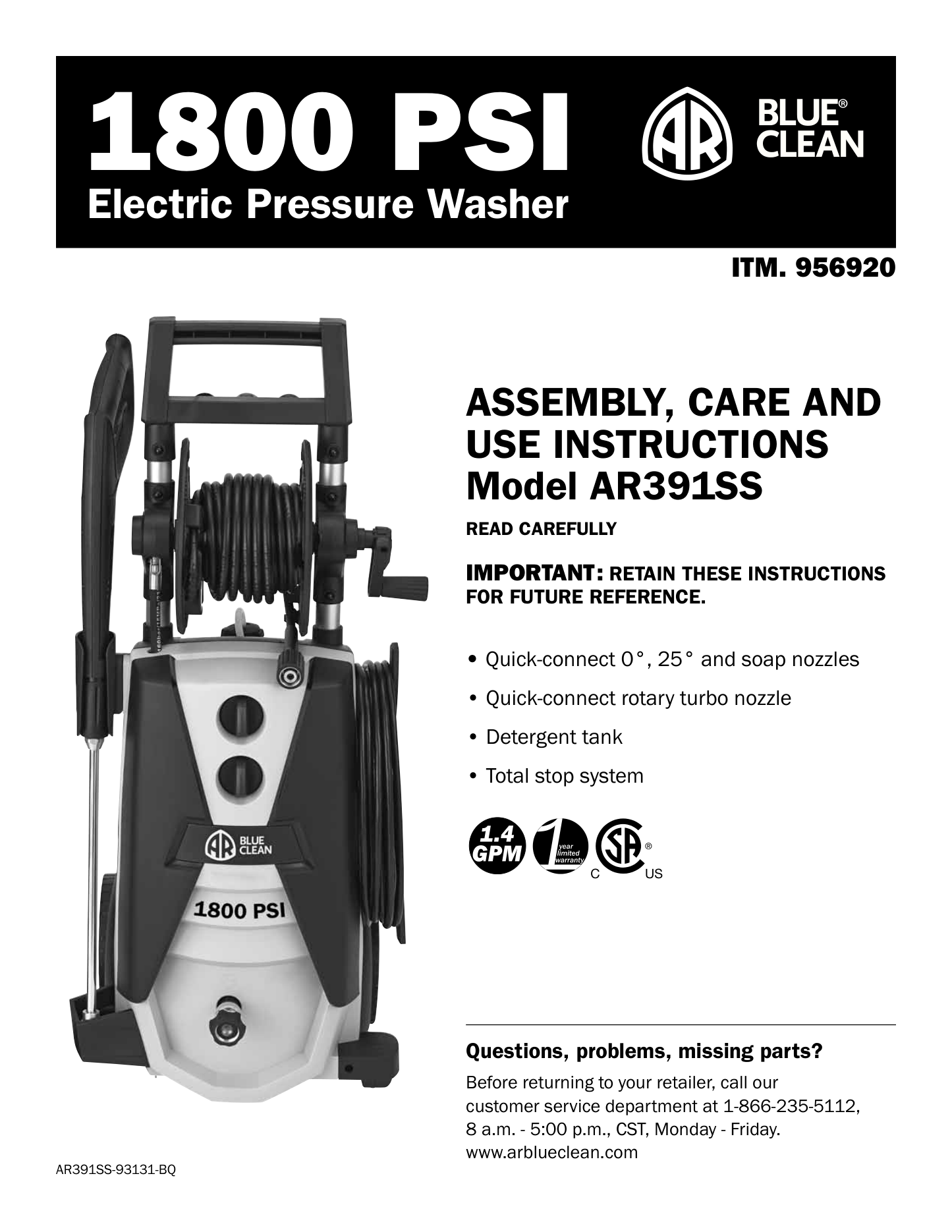 AR Blue Clean AR391SS Pressure Washer Parts Diagram & Breakdown (Exploded View PDF) parts breakdown
