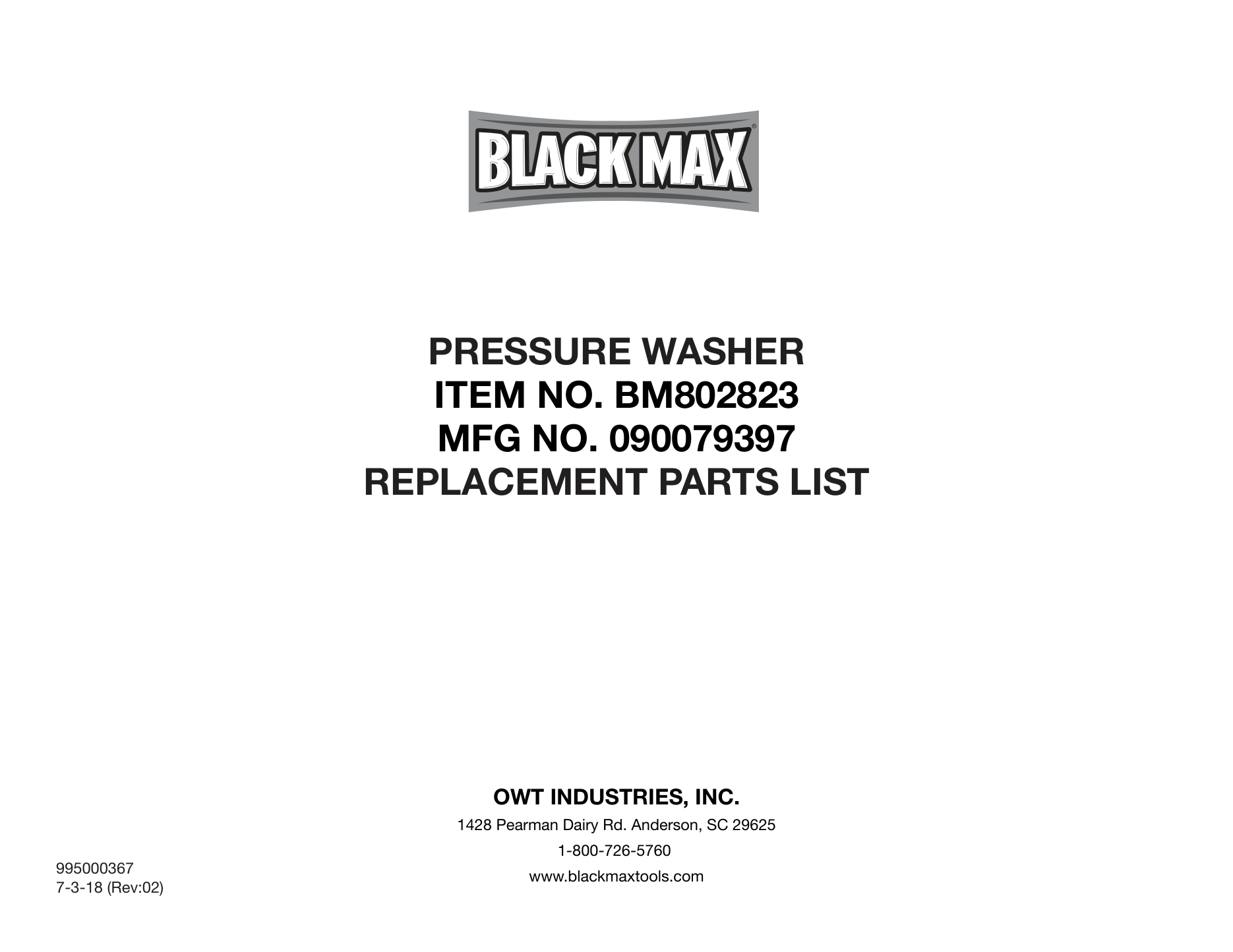 Black Max BM802823 Pressure Washer Parts Diagram & Breakdown (Exploded View PDF) parts breakdown