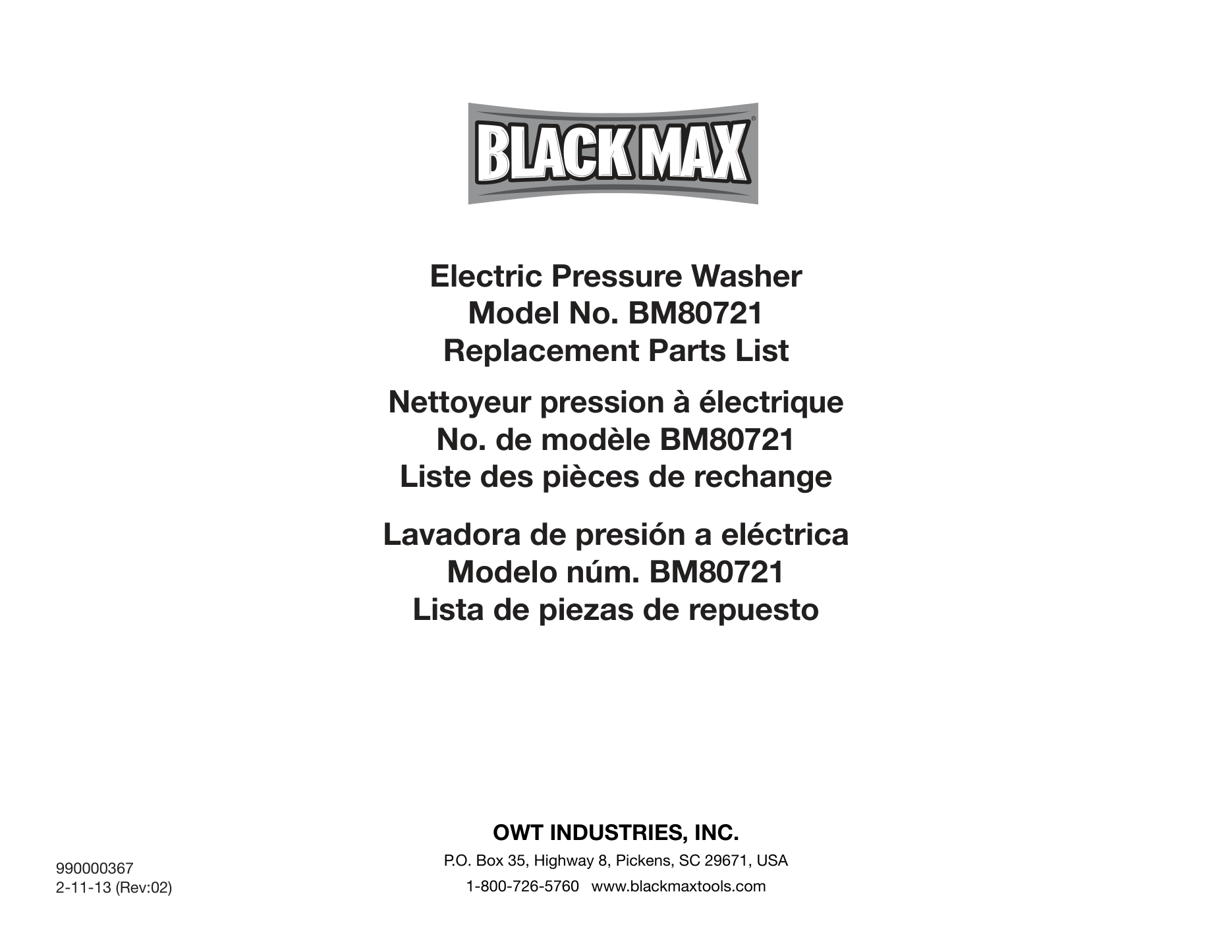 Black Max BM80721 Pressure Washer Parts Diagram & Breakdown (Exploded View PDF) parts breakdown