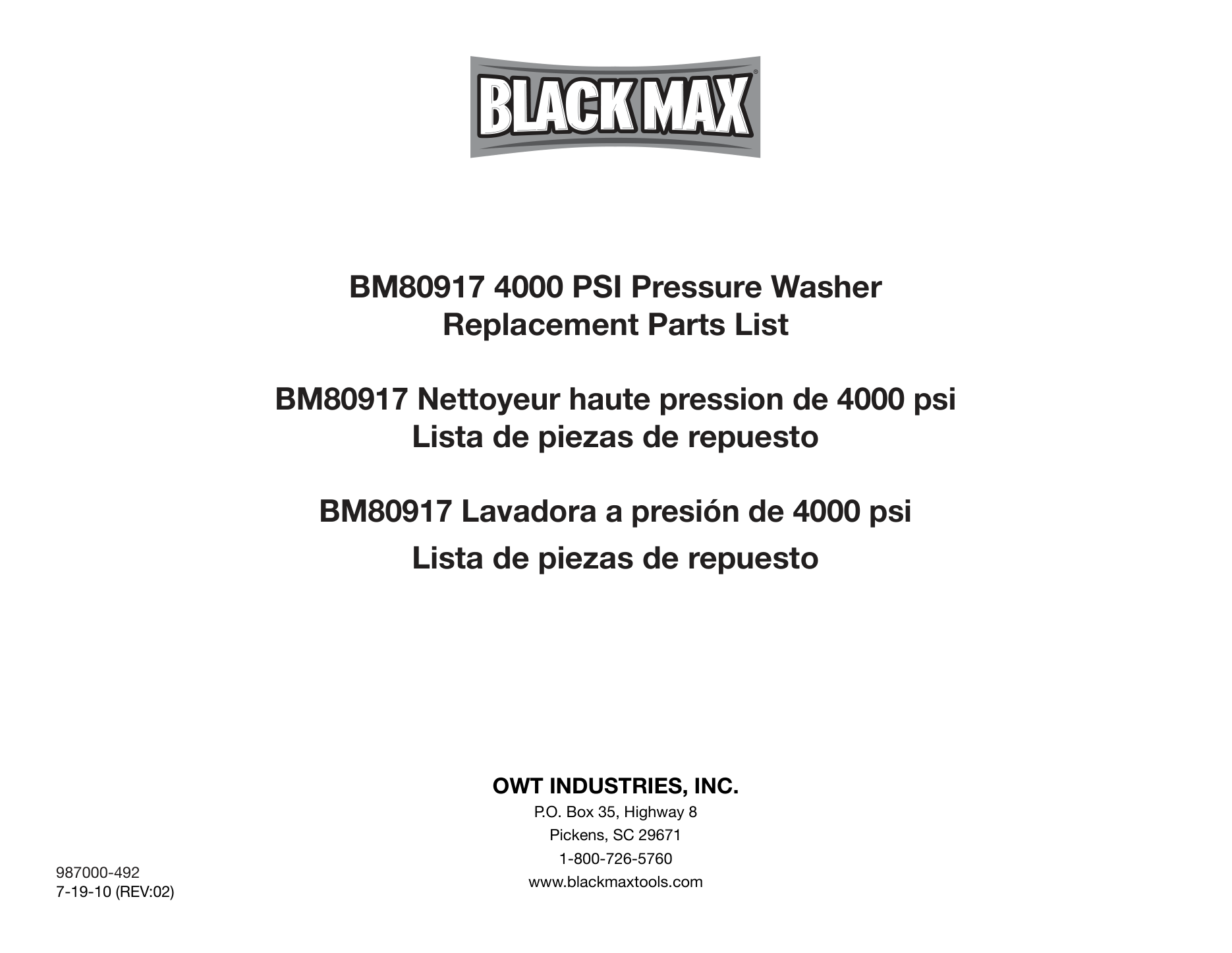Black Max BM80917 Pressure Washer Parts Diagram & Breakdown (Exploded View PDF) parts breakdown