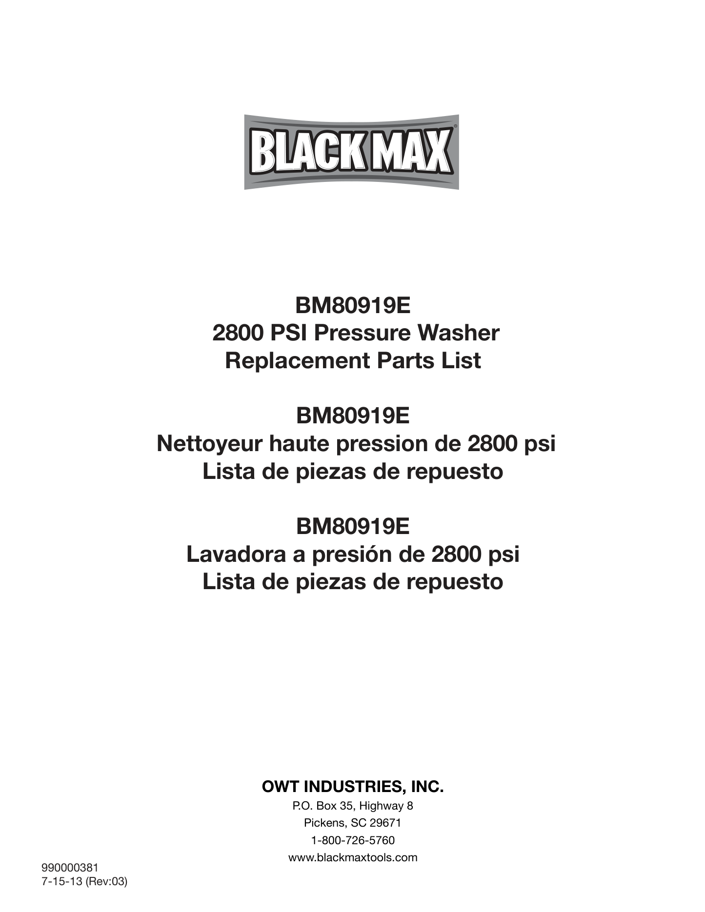 Black Max BM80919E Pressure Washer Parts Diagram & Breakdown (Exploded View PDF) parts breakdown