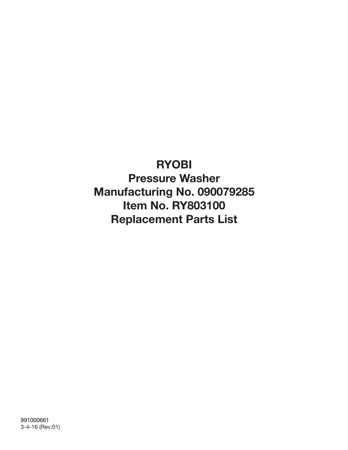 Ryobi RY803100 Parts Diagram & Replacement Parts (Exploded View) parts breakdown