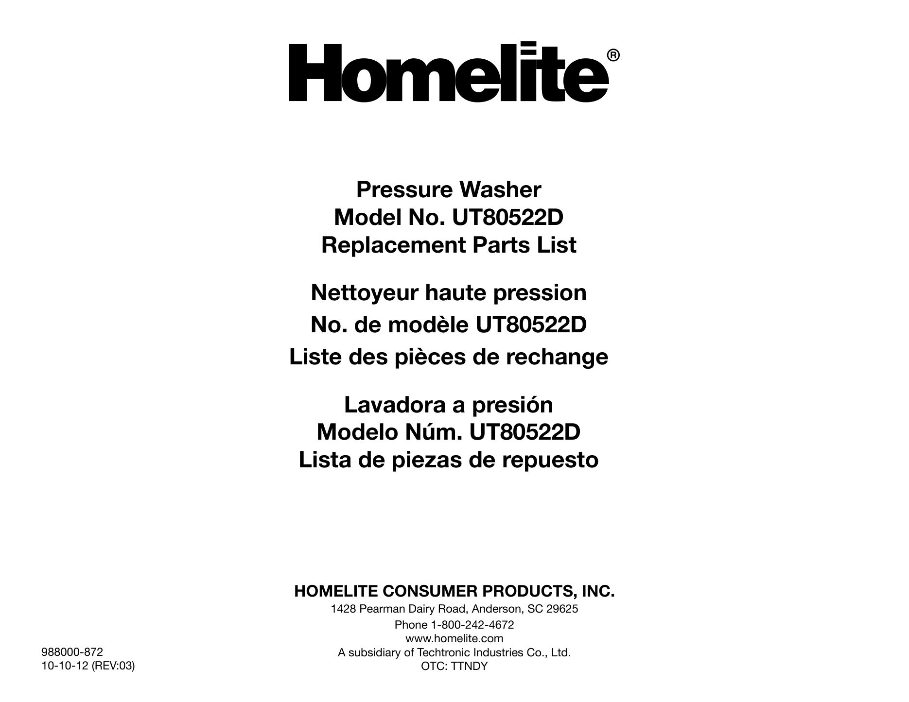 Homelite UT80522D Parts Diagram & Replacement Parts (Exploded View) parts breakdown